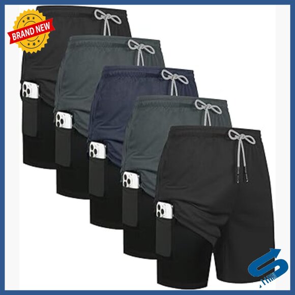5 Pack Men's 2-in-1 Running Shorts with Liner Quick Dry Workout Gym Athletic